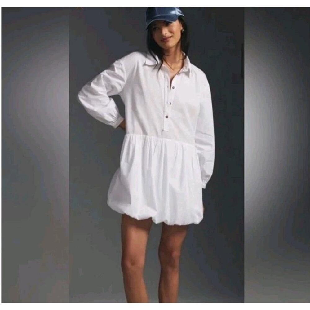 Anthropologie Maeve Bubble-Hem Shirt Dress SZ 2XS White Long Sleeve Euro Summer